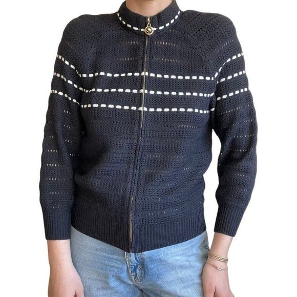 St. John Sport Black Knit Wool Blend Mesh Full Zip Cardigan Blazer Petite M - Picture 1 of 8